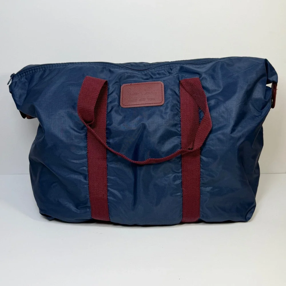 Pierre Cardin Vintage Navy Blue Ripstop Nylon Duffel Travel Bag Burgundy Retro